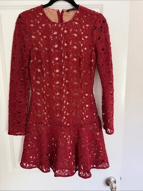 Zara Red Lace Long-Sleeve Fit & Flare Dress